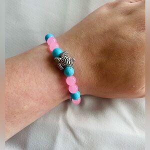 Handmade Pink Glass & Turquoise Turtle Bracelet